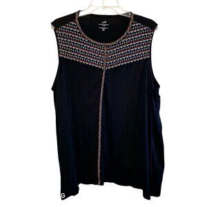 J.Jill Womens Embroidered Dipped-Hem Knit Tank Black 2X Cotton/Modal Blend